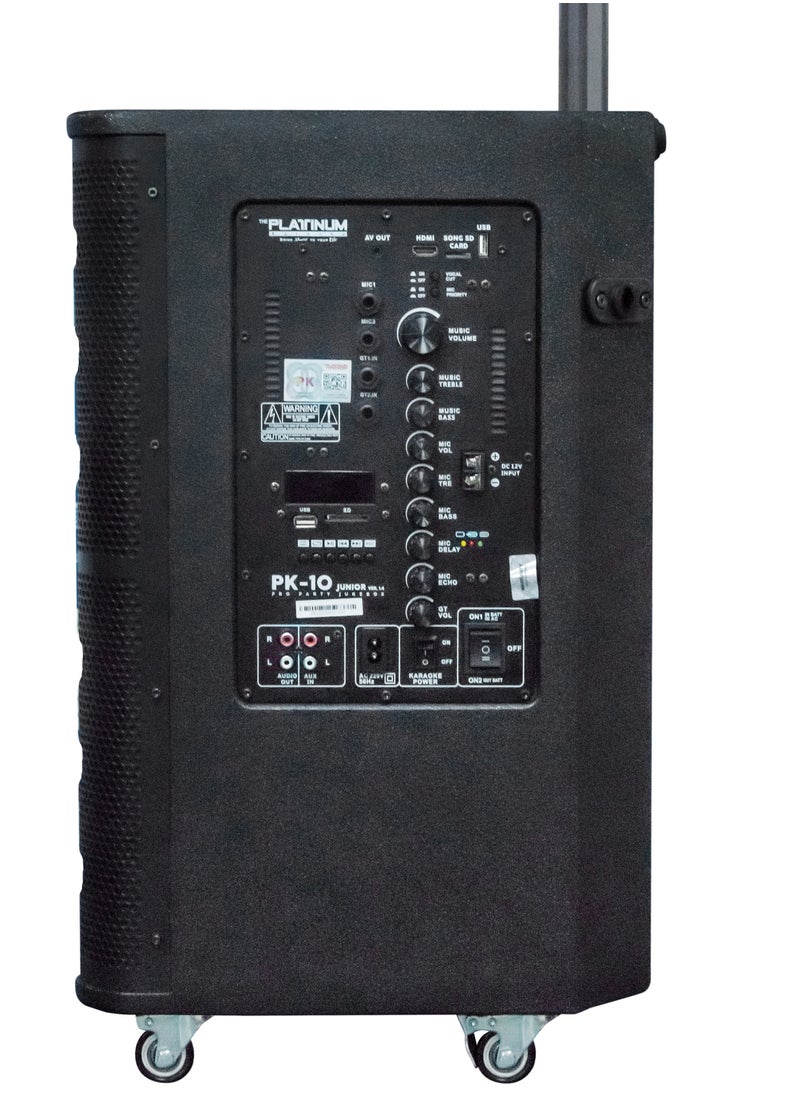 Platinum Karaoke - PLATINUM PK10 KARAOKE TROLLY SPK & PARTY JUKEBOX PA SYSTEM WITH 2 W/L MIC HUGE SONG LIBRARY 23K + MIXED LANGUAGE INDIAN ENGLISH &FILIPINO KARAOKE SONGS BUILT-IN & RECHARGEABLE 5/6 HOURS BATTERY BACKUP - Image 1