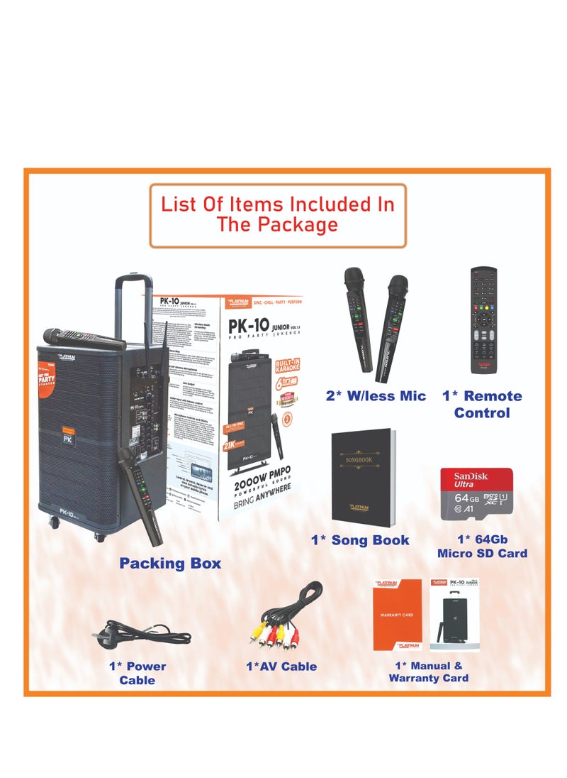 Platinum Karaoke - PLATINUM PK10 KARAOKE TROLLY SPK & PARTY JUKEBOX PA SYSTEM WITH 2 W/L MIC HUGE SONG LIBRARY 23K + MIXED LANGUAGE INDIAN ENGLISH &FILIPINO KARAOKE SONGS BUILT-IN & RECHARGEABLE 5/6 HOURS BATTERY BACKUP - Image 1