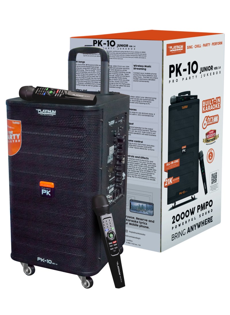 Platinum Karaoke - PLATINUM PK10 KARAOKE TROLLY SPK & PARTY JUKEBOX PA SYSTEM WITH 2 W/L MIC HUGE SONG LIBRARY 23K + MIXED LANGUAGE INDIAN ENGLISH &FILIPINO KARAOKE SONGS BUILT-IN & RECHARGEABLE 5/6 HOURS BATTERY BACKUP - Image 1