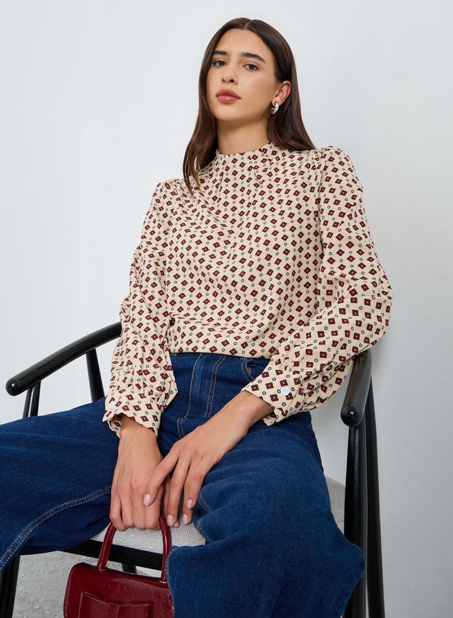 Take Two All-Over Printed Mock Neck Puff Sleeve Top - Image 1