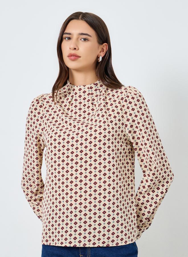 Take Two All-Over Printed Mock Neck Puff Sleeve Top - Image 3