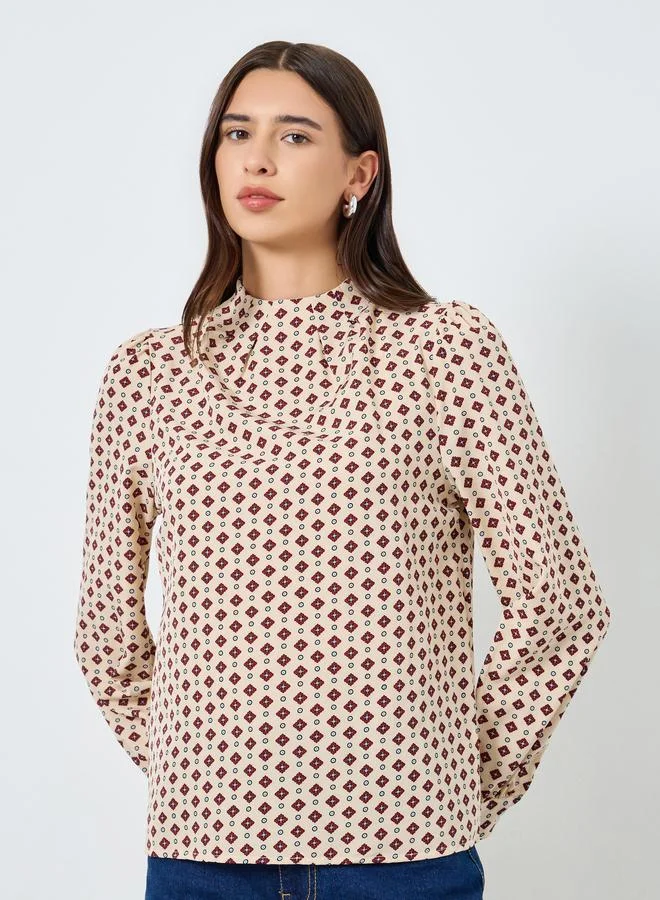 Take Two All-Over Printed Mock Neck Puff Sleeve Top