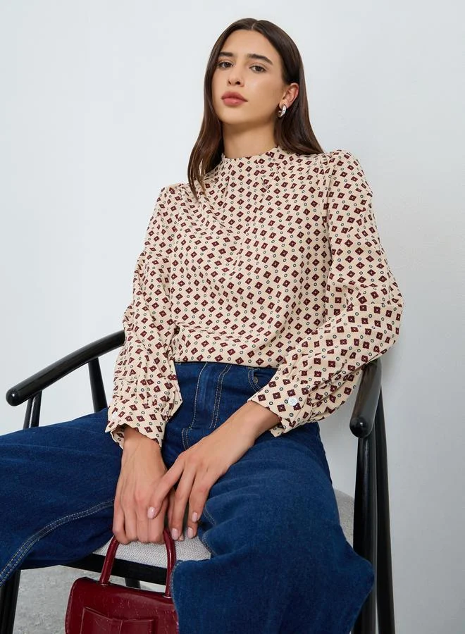 Take Two All-Over Printed Mock Neck Puff Sleeve Top