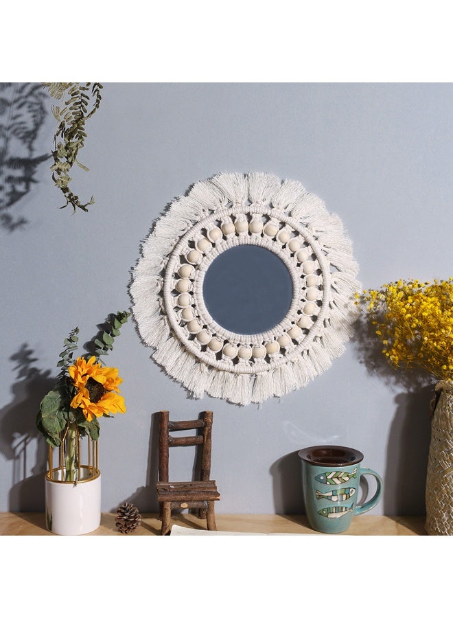 Original Nordic-Style Decorative Mirror with Bohemian Flair - Handwoven Cotton Thread & Wooden Bead Tapestry Mirror, Bestseller for Bedroom (on Instagram) - Image 1