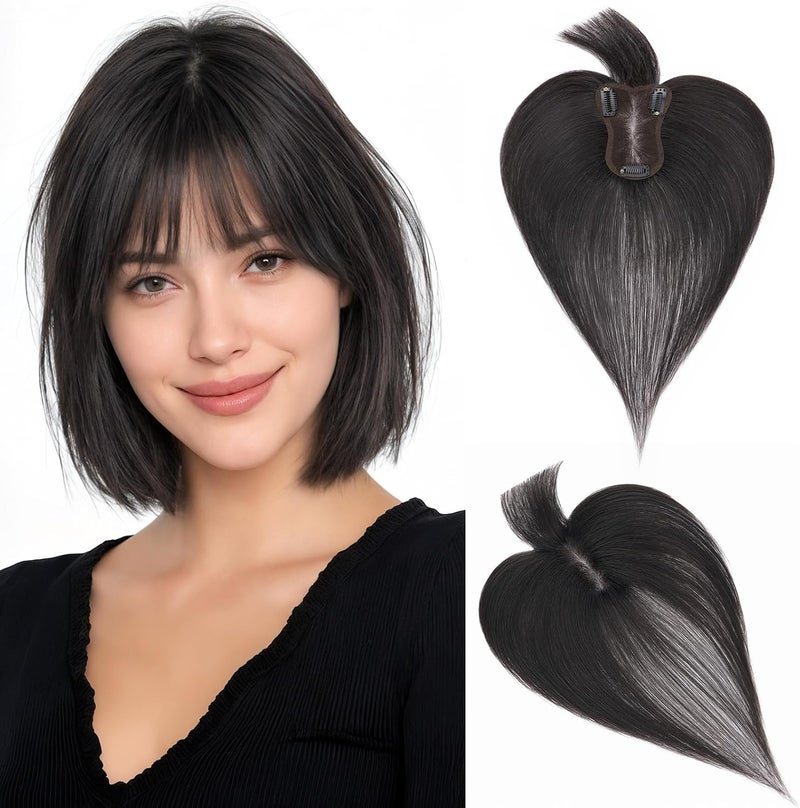 Rich Choices Human Hair Topper with Fringe for Thinning Hair Short Clip in Toppers Womens Toupee Straight Remy Human Hairpieces with Bangs 11 Inch 20g 1 Natural Black