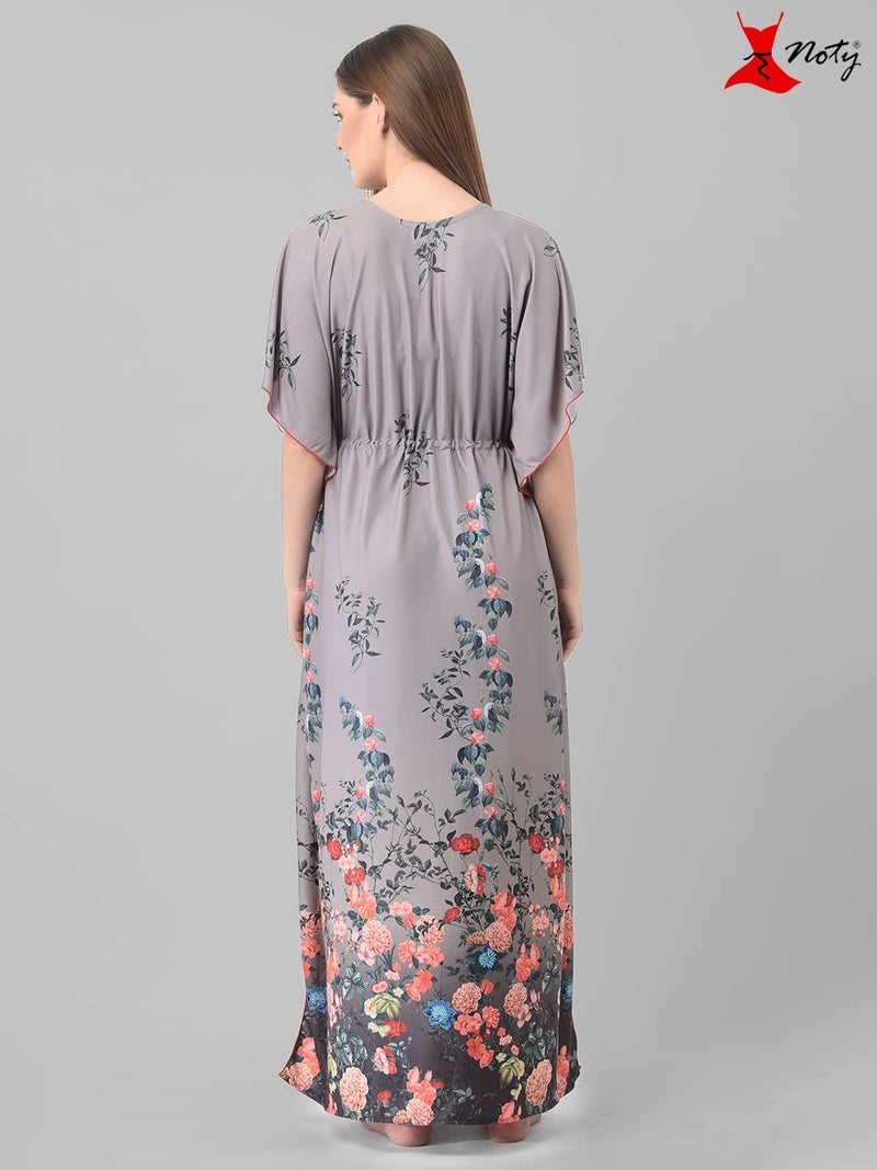 Noty Store Noty Women Polyester Blend Maxi Kaftan Nighty | Digital Print | Sarena Fabric | V Shaped Neck Nightwear | Nightdress Cloud Grey, Free Size - Image 4