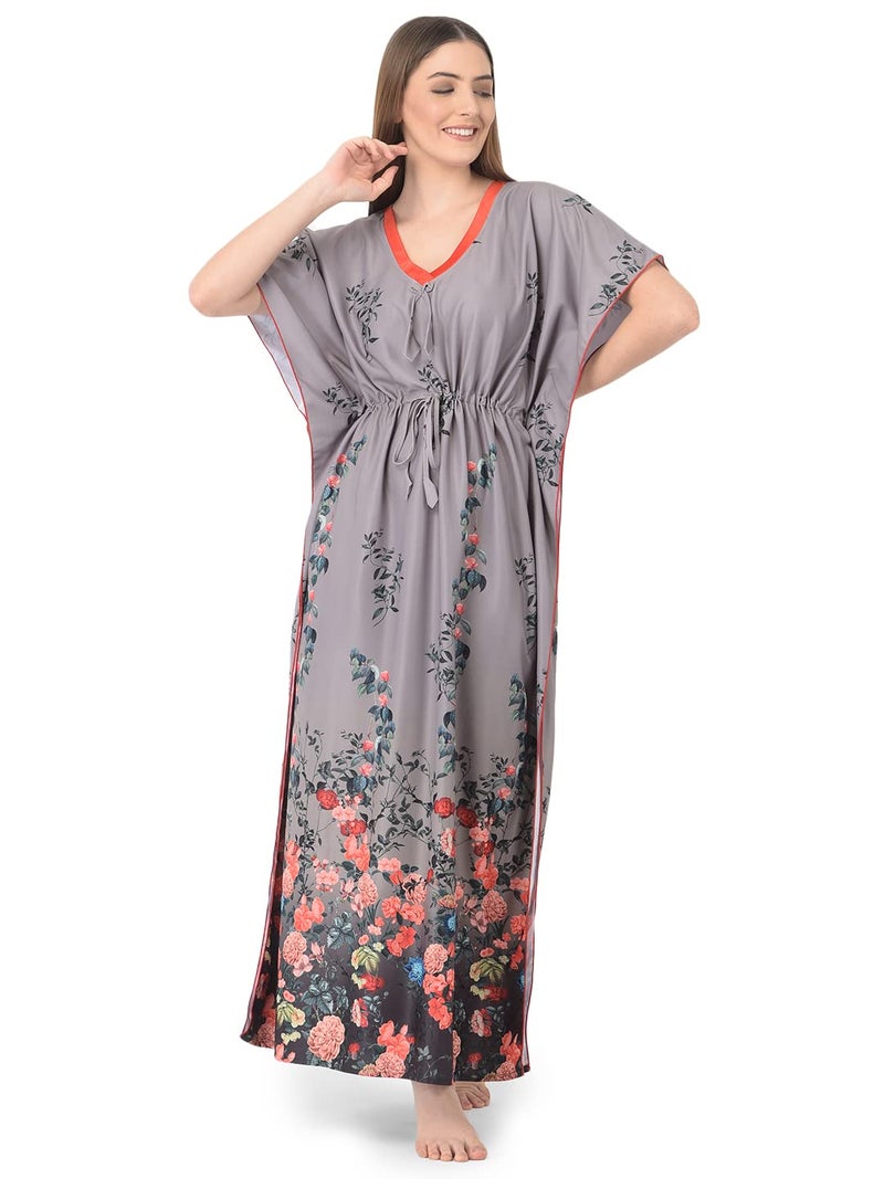 Noty Store Noty Women Polyester Blend Maxi Kaftan Nighty | Digital Print | Sarena Fabric | V Shaped Neck Nightwear | Nightdress Cloud Grey, Free Size - Image 1