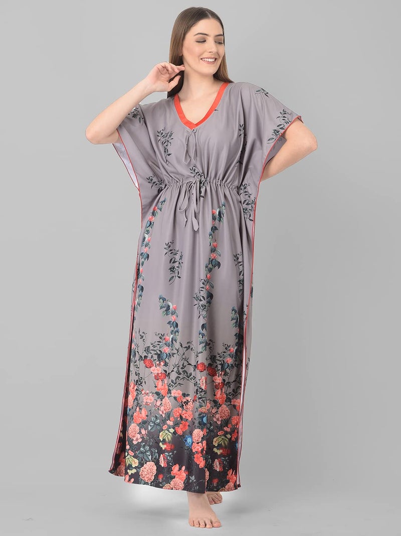 Noty Store Noty Women Polyester Blend Maxi Kaftan Nighty | Digital Print | Sarena Fabric | V Shaped Neck Nightwear | Nightdress Cloud Grey, Free Size - Image 5