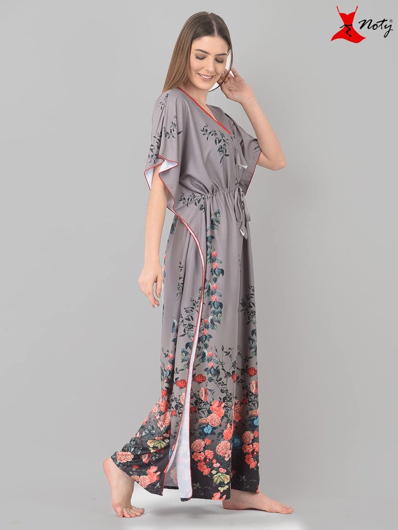 Noty Store Noty Women Polyester Blend Maxi Kaftan Nighty | Digital Print | Sarena Fabric | V Shaped Neck Nightwear | Nightdress Cloud Grey, Free Size - Image 3