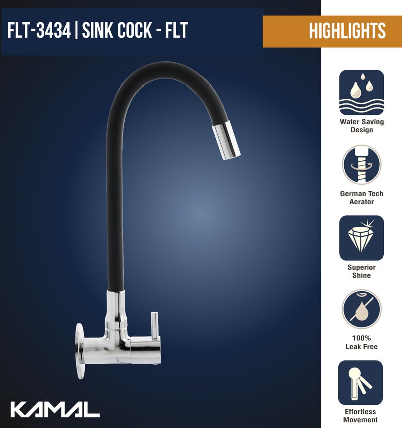 KAMAL Sink Cock FLT, with Onyx Black 360 Degree Fully Flexible Silicon Spout (Cold Water - Wall Mounted) Chrome - Image 2