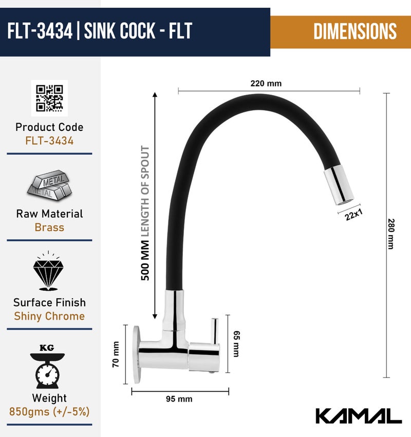 KAMAL Sink Cock FLT, with Onyx Black 360 Degree Fully Flexible Silicon Spout (Cold Water - Wall Mounted) Chrome - Image 4