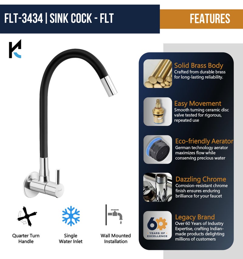 KAMAL Sink Cock FLT, with Onyx Black 360 Degree Fully Flexible Silicon Spout (Cold Water - Wall Mounted) Chrome - Image 3