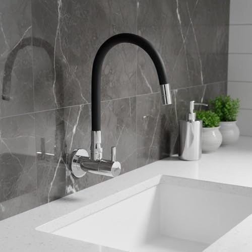 KAMAL Sink Cock FLT, with Onyx Black 360 Degree Fully Flexible Silicon Spout (Cold Water - Wall Mounted) Chrome - Image 1