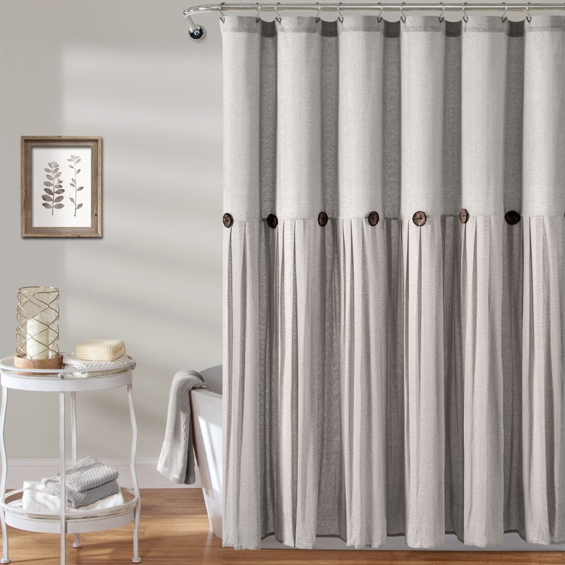 Lush Decor Lush Decor Linen Button Shower Curtain 72 W x 72 L Gray  Rustic Shower Curtain  Color Block Bath Curtain With Coconut Button Detail Country  Modern Farmhouse Bathroom Decor 