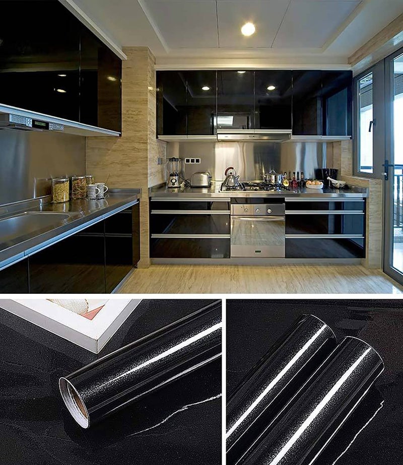 tiltil Shiny Black Wallpaper peel and Stick Wallpaper Glossy Self Adhesive Removable Wall paper,15.8" X 118"Waterproof Countertop Paper Black Contact Paper for Cabinet Countertop Furniture Kitchen Vinyl Film - Image 3
