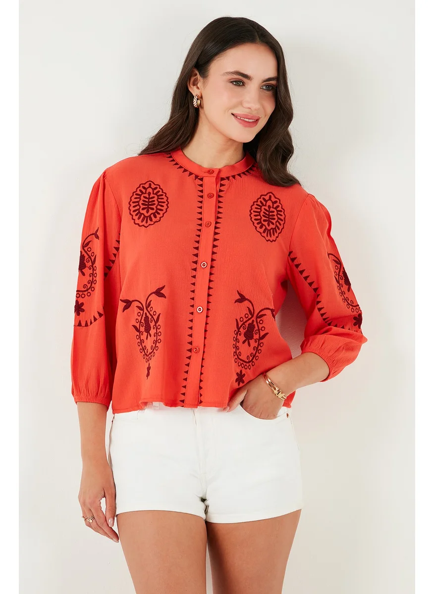 Lela Embroidered Three Quarter Sleeve Judge Collar Cotton Şile Cloth Shirt Women's Shirt 611BZ0044