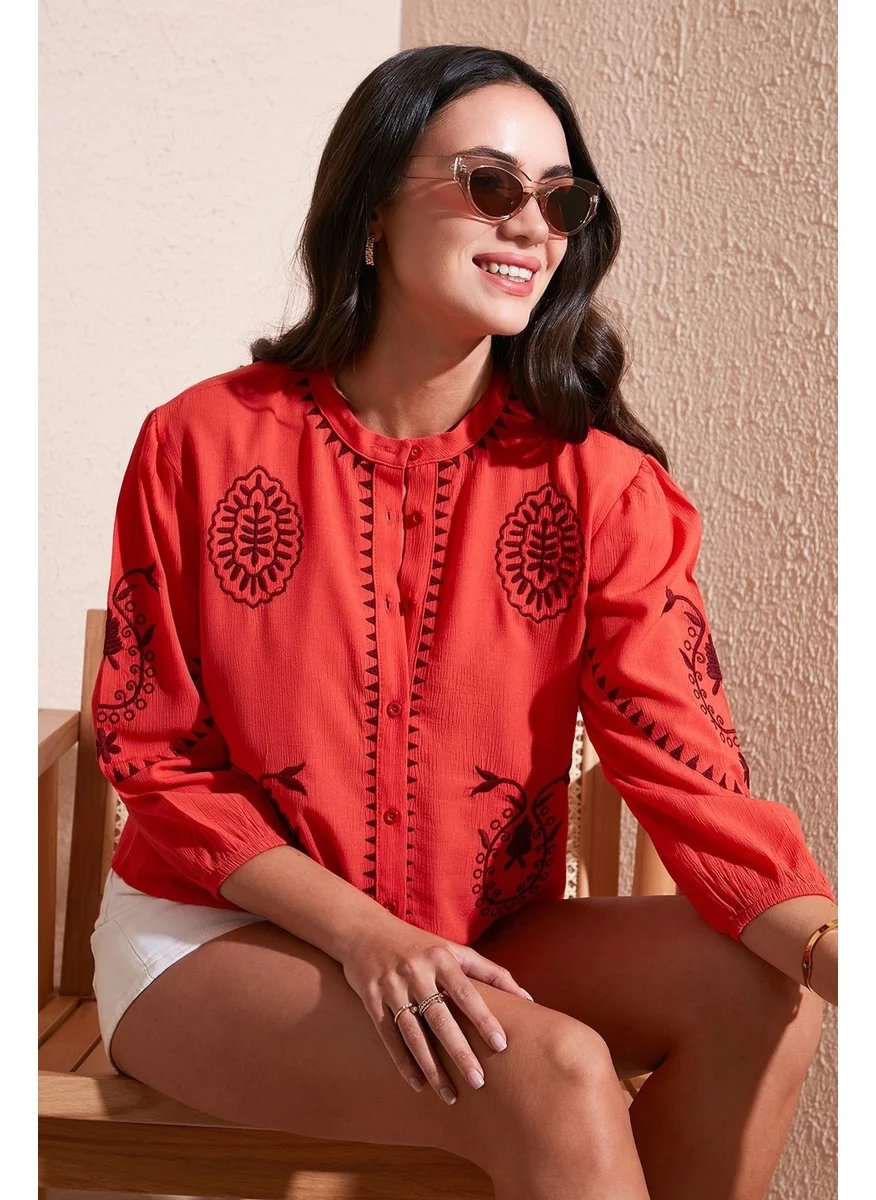 Lela Embroidered Three Quarter Sleeve Judge Collar Cotton Şile Cloth Shirt Women's Shirt 611BZ0044