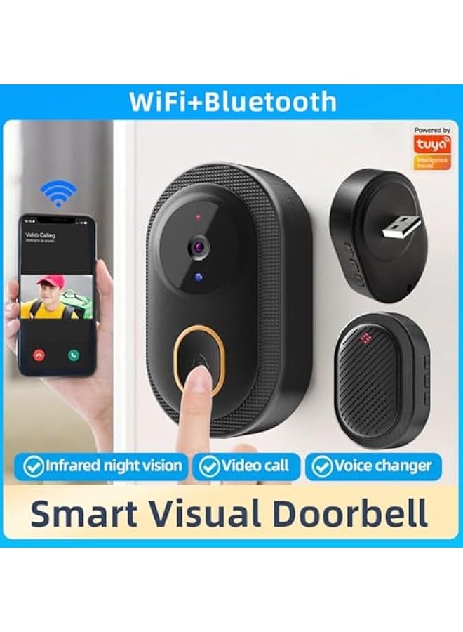 2024 Smart Doorbell with 75° Viewing Angle Smart Wireless Remote Video Doorbell Intelligent Visual Doorbell Two Way Audio Home HD Night Vision WiFi Door Doorbell (Black) - Image 2