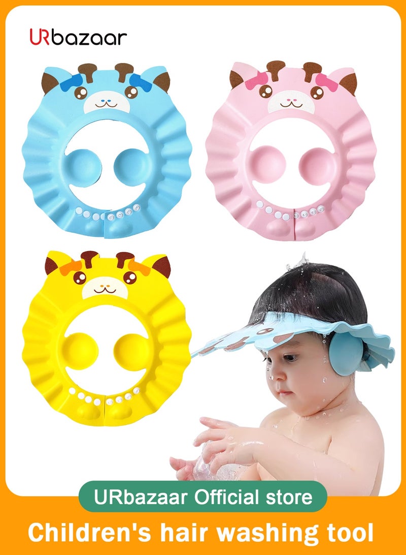 أوربازار قبعة استحمام للأطفال - 3 قطع قبعة ناعمة قابلة للتعديل مع واقي من الشمس، قبعة استحمام آمنة للأطفال الصغار والرضع والأطفال (أزرق + أصفر + وردي) - Image 1