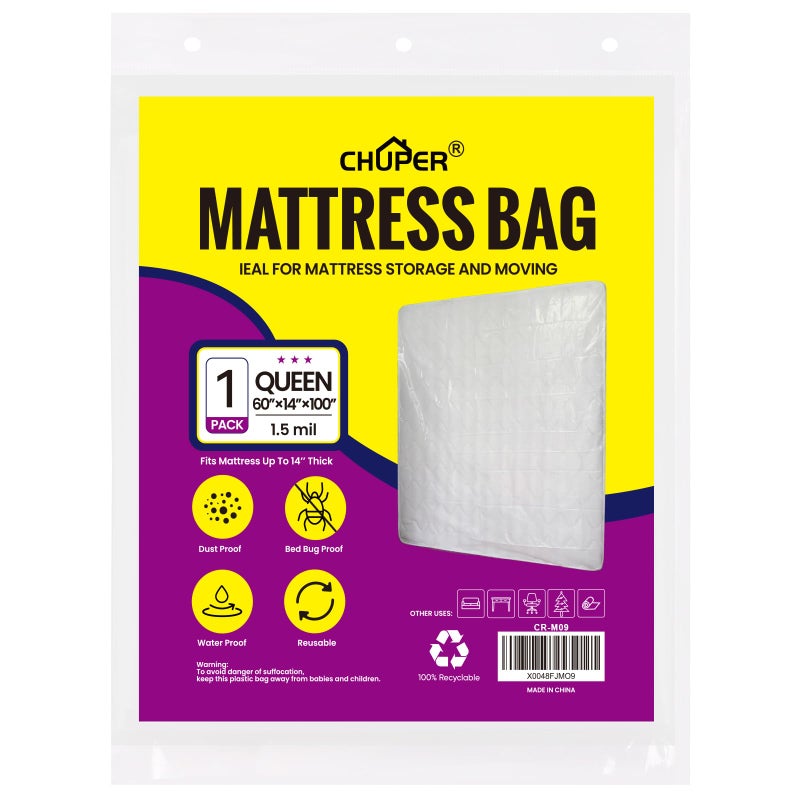 CHUPER Queen Mattress Bags for Moving and Disposal â€“ Waterproof Plastic Queen Mattress Cover for Moving - Image 1