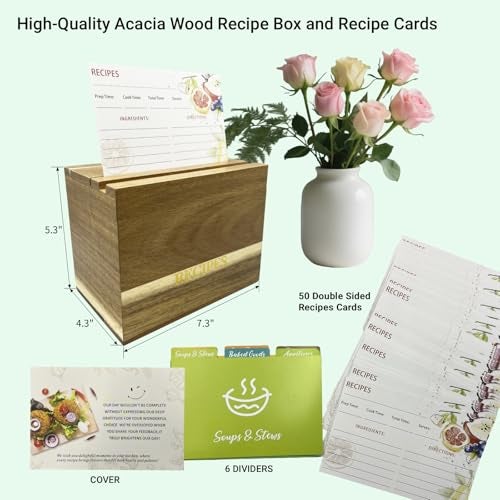 CHOUYUHE Acacia Wood Recipe Box Set with 50 4x6 Recipe Cards and 6 Dividers, Natural Clear Finish Rustic Kitchen Organizer with Lid - Image 3