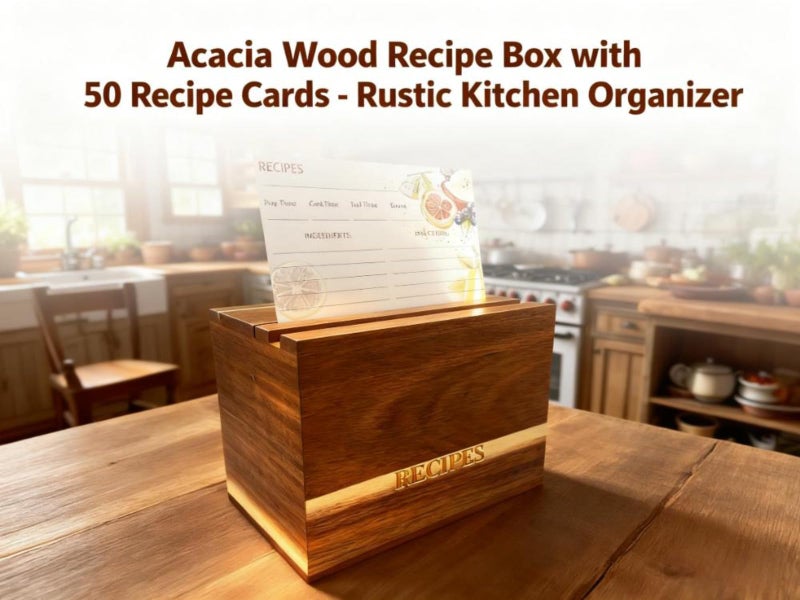 CHOUYUHE Acacia Wood Recipe Box Set with 50 4x6 Recipe Cards and 6 Dividers, Natural Clear Finish Rustic Kitchen Organizer with Lid - Image 4