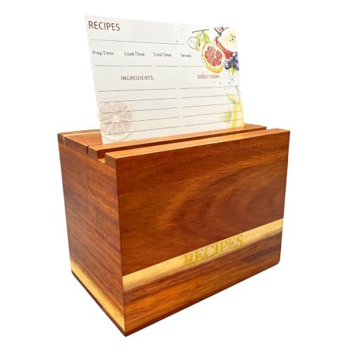 CHOUYUHE Acacia Wood Recipe Box Set with 50 4x6 Recipe Cards and 6 Dividers, Natural Clear Finish Rustic Kitchen Organizer with Lid - Image 1