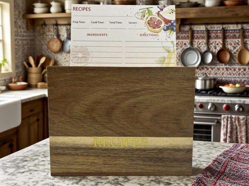 CHOUYUHE Acacia Wood Recipe Box Set with 50 4x6 Recipe Cards and 6 Dividers, Natural Clear Finish Rustic Kitchen Organizer with Lid - Image 5