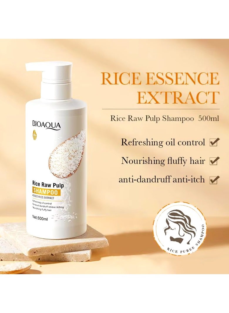 BIOAQUA شامبو بيواكوا من لب الأرز الخام للتحكم في الزيت وإزالة القشرة وتخفيف الحكة وتغذية الشعر الكثيف 500 مل - Image 3