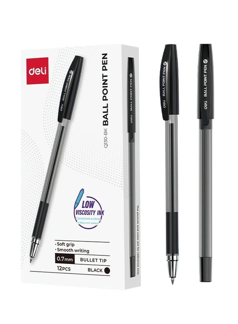 Deli 12-Piece Q130 Ballpoint Pen 0.7mm Tip With Soft Grip Black Ink - Image 1