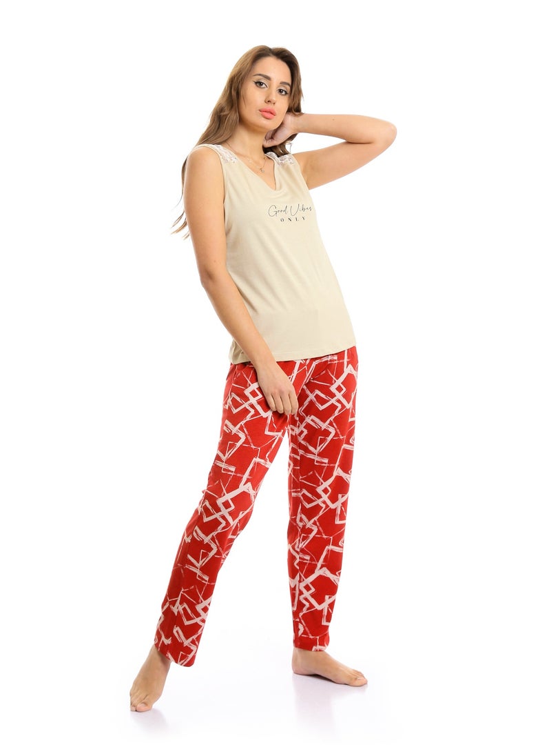 REDCOTTON - Wide Boat Neck Tee & Patterned Pants Pajama Set - Image 1