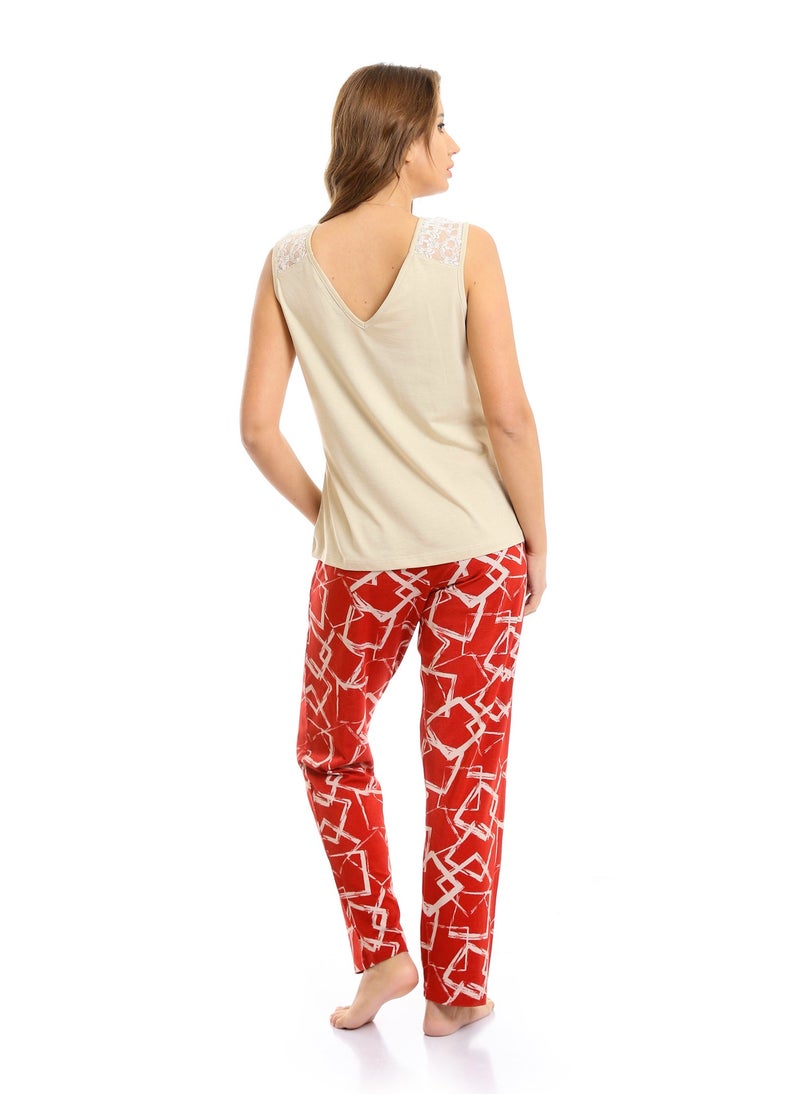 REDCOTTON - Wide Boat Neck Tee & Patterned Pants Pajama Set - Image 1