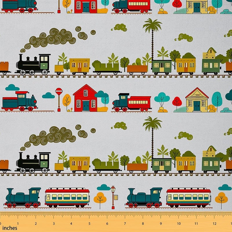 Cartoon Train Vintage Boys & Girls Flannel Fabric by The Yard 1 Yard | Smoking Engine Grey Upholstery Fabric for Chairs Railway Rail Soft Not Stretchy Decor Transportation Steam Vehicle Decor - Image 1