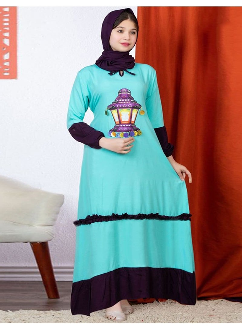 فول جوي اسدال صلاة بناتي من القطن الفسكوز مزين برسمة علي الصدر مع طرحة منفصلة  ,أخضر فاتح - Image 1