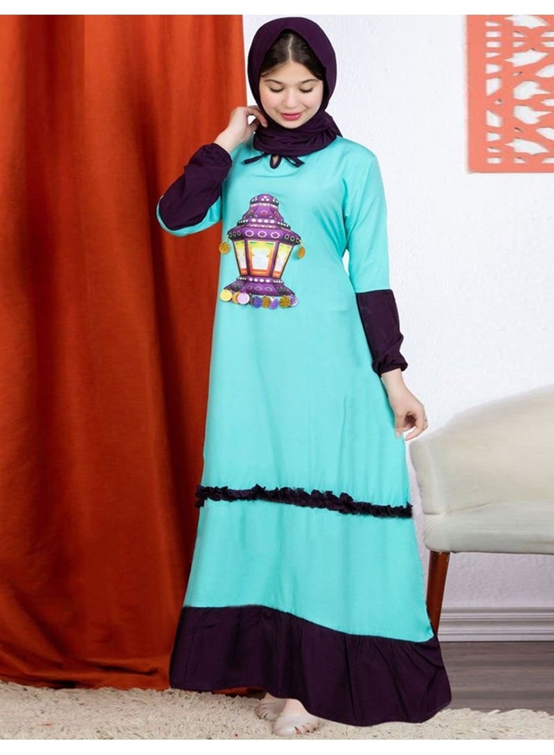 فول جوي اسدال صلاة بناتي من القطن الفسكوز مزين برسمة علي الصدر مع طرحة منفصلة  ,أخضر فاتح - Image 2