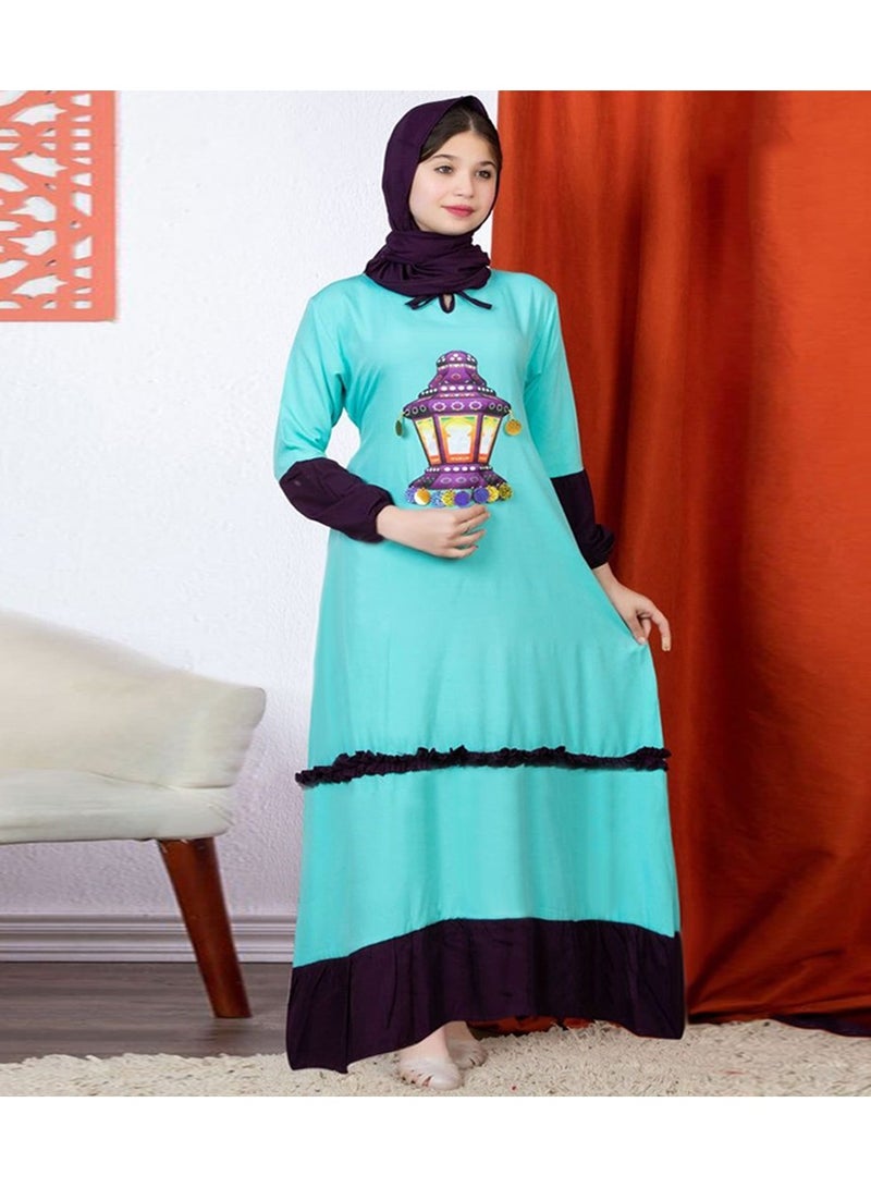 فول جوي اسدال صلاة بناتي من القطن الفسكوز مزين برسمة علي الصدر مع طرحة منفصلة  ,أخضر فاتح - Image 3