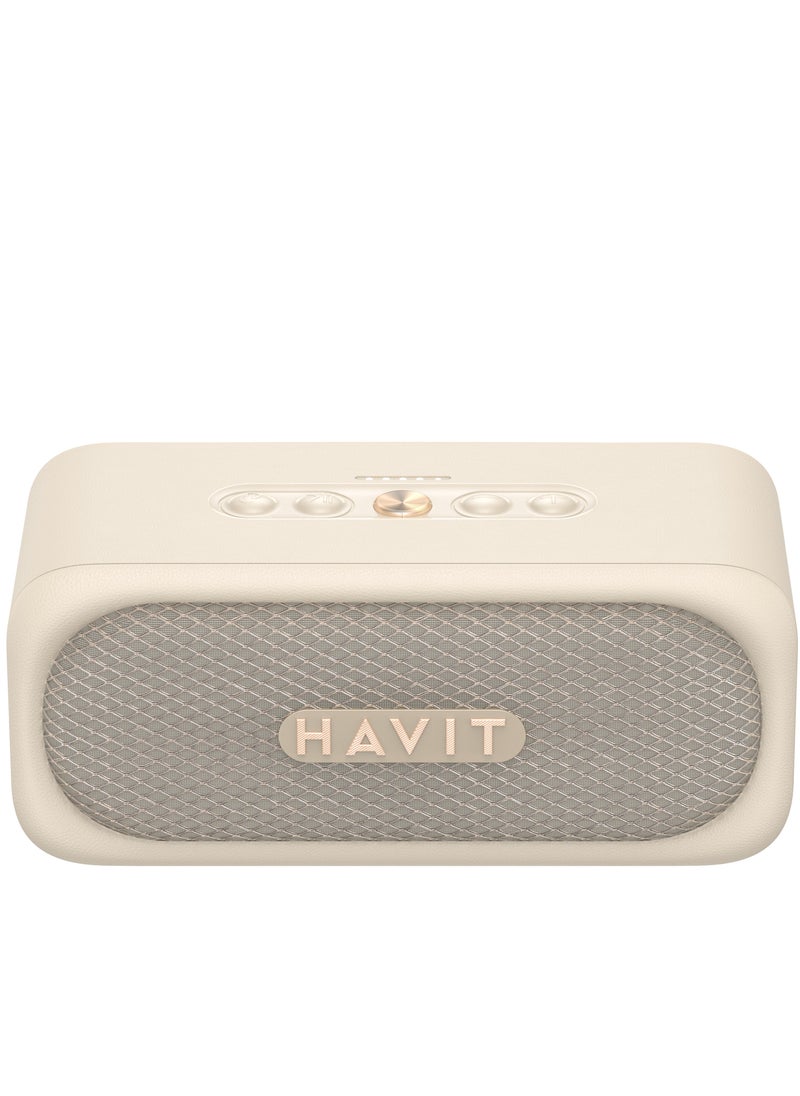 havit - Portable Bluetooth Speaker V5.3 with Retro Design, IPX7 Waterproof Rating, 20W Powerful Sound, AUX & TF Card Ports, TWS for Stereo Pairing, 25-Hour Playtime, Hands-Free Calls, and Voice Assistant Support, Perfect for Outdoor Adventures and Home Use- Beige - Image 1