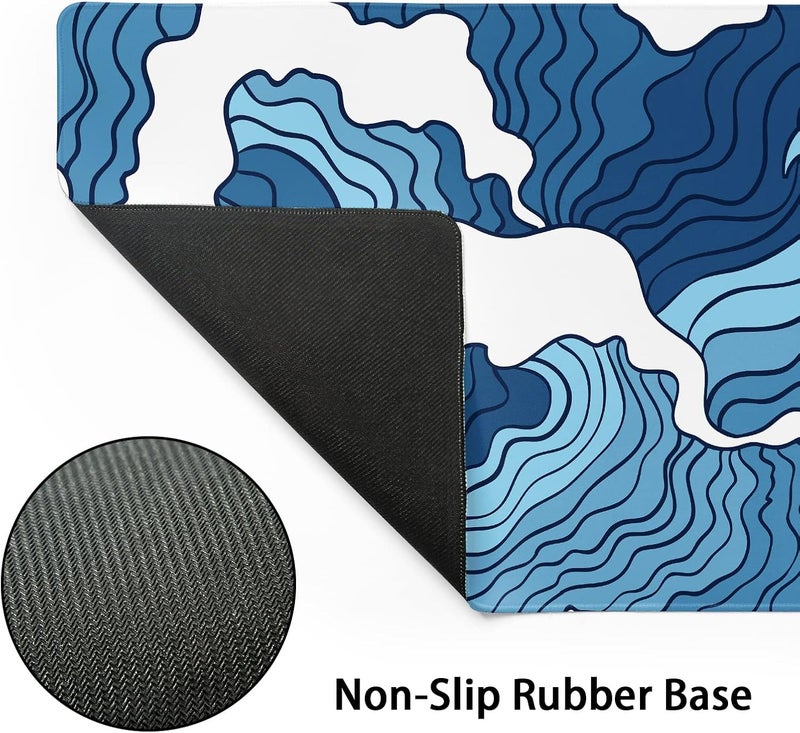 aportt Japanese Blue and White Wave Gaming Mouse Pad XL Anime Sea Texture Extended Large Desk Mat Big Mousepad Non-Slip Rubber Base Stitched Edge Long Desk Pad for Desktop PC Computer Gamer,31.5×11.8 Inch - Image 3