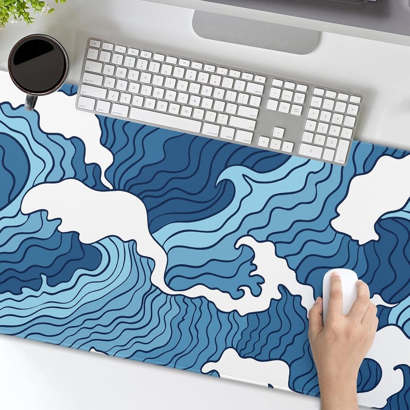 aportt Japanese Blue and White Wave Gaming Mouse Pad XL Anime Sea Texture Extended Large Desk Mat Big Mousepad Non-Slip Rubber Base Stitched Edge Long Desk Pad for Desktop PC Computer Gamer,31.5×11.8 Inch - Image 5