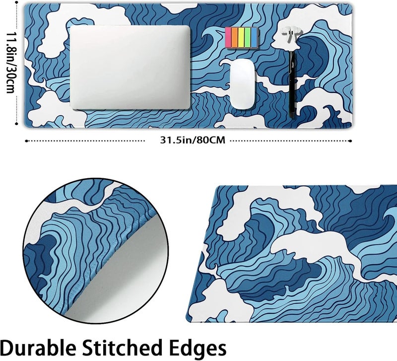 aportt Japanese Blue and White Wave Gaming Mouse Pad XL Anime Sea Texture Extended Large Desk Mat Big Mousepad Non-Slip Rubber Base Stitched Edge Long Desk Pad for Desktop PC Computer Gamer,31.5×11.8 Inch - Image 2