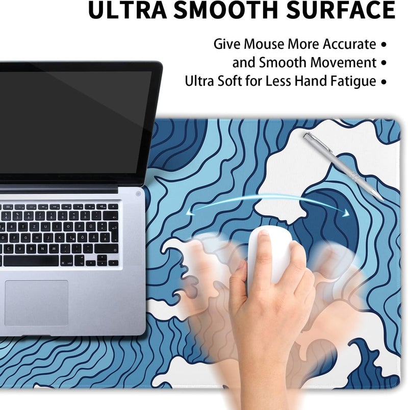 aportt Japanese Blue and White Wave Gaming Mouse Pad XL Anime Sea Texture Extended Large Desk Mat Big Mousepad Non-Slip Rubber Base Stitched Edge Long Desk Pad for Desktop PC Computer Gamer,31.5×11.8 Inch - Image 4