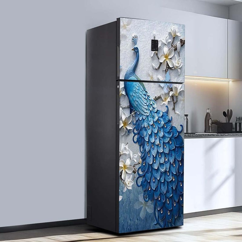 DSticker Fridge Sticker for Home Decoration 3D Fridge Stickers Double Door Full & Single Door Size (60x160) Cm Self Adhesive Refrigerator Stickers | Wallpaper for Fridge Doors (3D Peacock) - Image 1