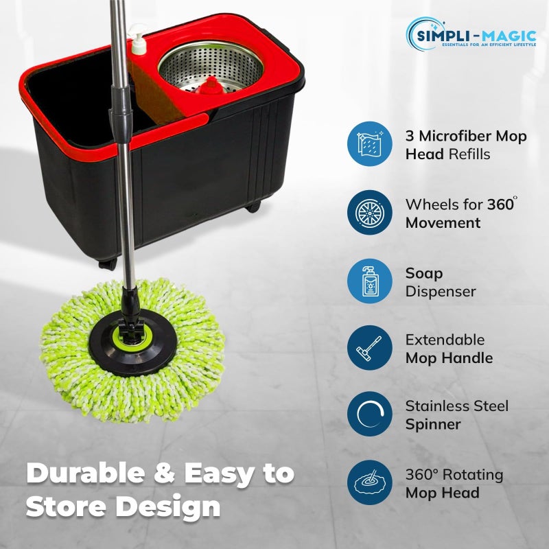 Simpli-Magic 360Â° Spin Mop and Bucket with Wringer â€“ 3 High-Absorbent Microfiber Washable Heads, Soap Dispenser â€“ Spinning Mop and Bucket Set for All Types Floor Cleaning - Image 4