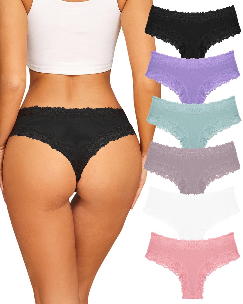 FINETOO Womens Cotton Underwear Sexy Lace Hipster Panties Soft Breathable Cotton Brazilian Bikini Ladies 6 Pack(6AM) - Image 1