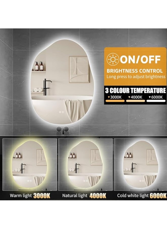 Vparty - LED Bathroom Mirror with Lights 24"x32" – Stepless Dimmable Irregular LED Mirror with 3 Color Temperature Options (Warm, Cool, Neutral), Anti-Fog, Shatter-Proof, Memory Function – Frameless Wall-Mounted Makeup Mirror for Bathroom, Vanity, Dressing Area, Modern LED Backlit Design (60x80 cm) - Image 1