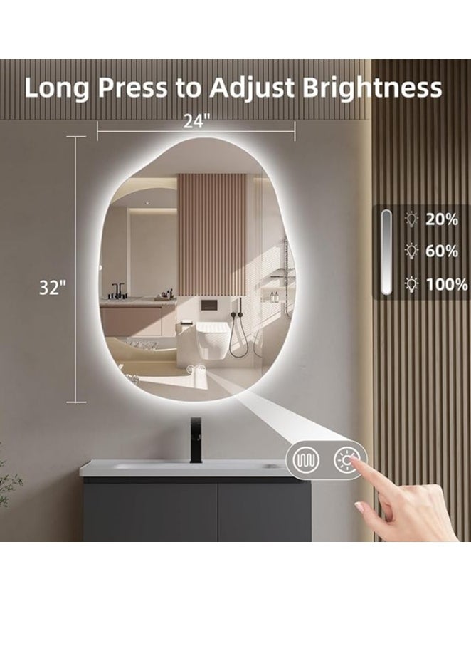 Vparty - LED Bathroom Mirror with Lights 24"x32" – Stepless Dimmable Irregular LED Mirror with 3 Color Temperature Options (Warm, Cool, Neutral), Anti-Fog, Shatter-Proof, Memory Function – Frameless Wall-Mounted Makeup Mirror for Bathroom, Vanity, Dressing Area, Modern LED Backlit Design (60x80 cm) - Image 1