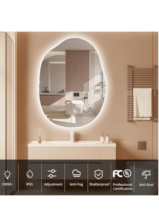 Vparty - LED Bathroom Mirror with Lights 24"x32" – Stepless Dimmable Irregular LED Mirror with 3 Color Temperature Options (Warm, Cool, Neutral), Anti-Fog, Shatter-Proof, Memory Function – Frameless Wall-Mounted Makeup Mirror for Bathroom, Vanity, Dressing Area, Modern LED Backlit Design (60x80 cm) - Image 1