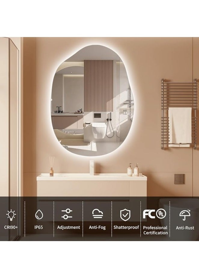 Vparty - LED Bathroom Mirror with Lights 24"x32" – Stepless Dimmable Irregular LED Mirror with 3 Color Temperature Options (Warm, Cool, Neutral), Anti-Fog, Shatter-Proof, Memory Function – Frameless Wall-Mounted Makeup Mirror for Bathroom, Vanity, Dressing Area, Modern LED Backlit Design (60x80 cm) - Image 1