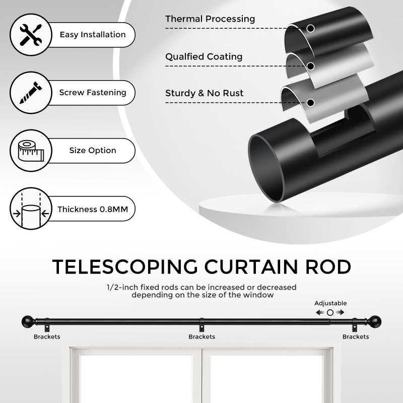 hei! dear HeiDear Curtain Rods for Windows 30 to 45 Inches, 5/8" Matte Black Metal Curtain Rod, Adjustable Single Window Rods for Bedroom, Living Room, Kitchen, Office - Image 2