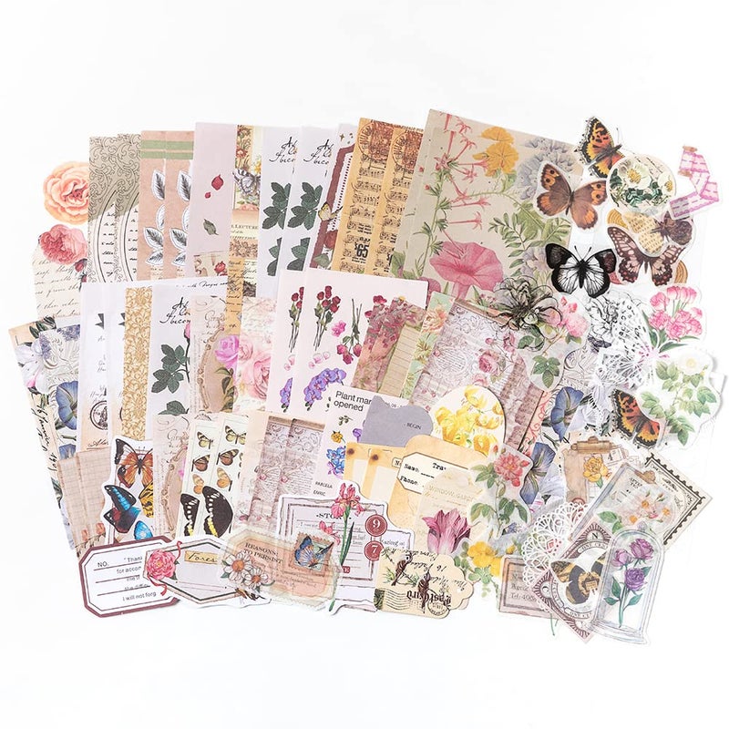 Alideco 260pcs Vintage Scrapbook Stickers Scrapbooking Paper Washi Junk Journaling Supplies Collage Album Aesthetic Cottagecore Picture FramesFlowers Butterfly